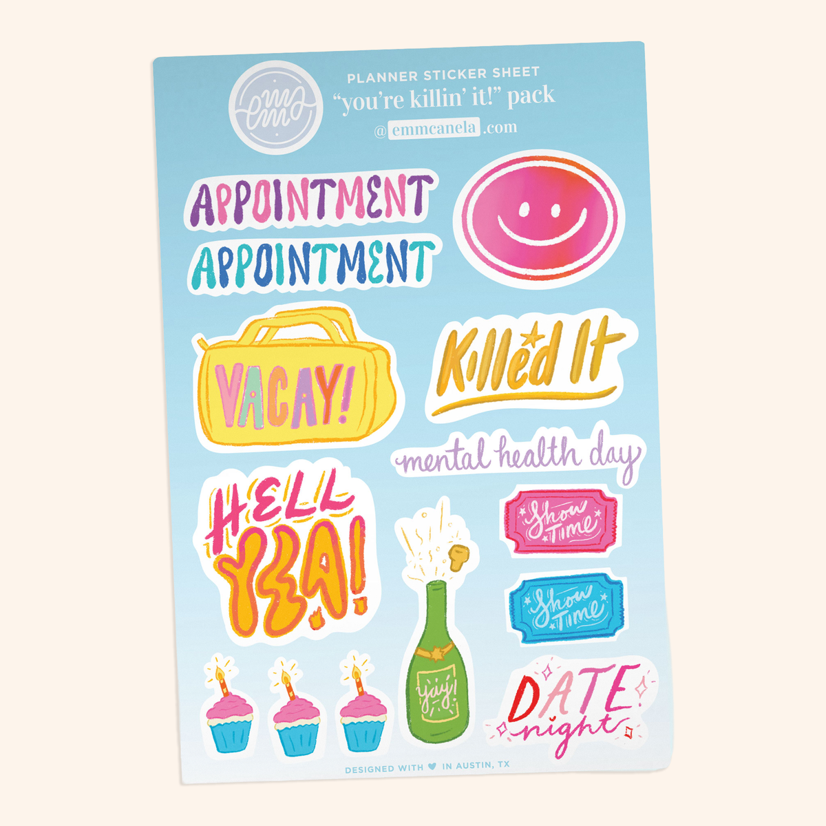 A planner sticker sheet titled 'you're killin' it' pack, featuring colorful illustrated stickers like 'Appointment', 'Vacay!', 'Killed It', 'Hell YEA!', cupcakes, a champagne bottle, and 'date night ' laid on a cream colored background.