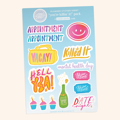 A planner sticker sheet titled 'you're killin' it' pack, featuring colorful illustrated stickers like 'Appointment', 'Vacay!', 'Killed It', 'Hell YEA!', cupcakes, a champagne bottle, and 'date night ' laid on a cream colored background.